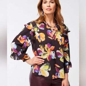 NWT Chico's Colorful Floral Ruffle Blouse - Black and Multicolor